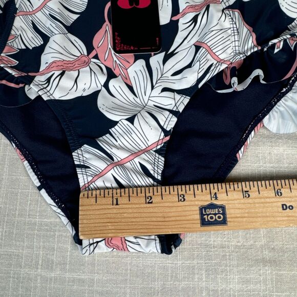 Shekini High Waist Ruffle Bikini‎ Bottom Women’s Size Small Navy White Pink - Picture 9 of 12